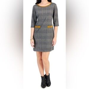 Connected Apparel Black Plaid 3/4 Sleeve Round Neck Sheath Dress Petites 6